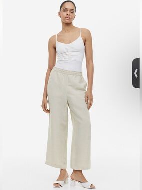 H&M Cropped Linen-Blend Trousers Women’s Size Large Light Beige Loose Fit NEW